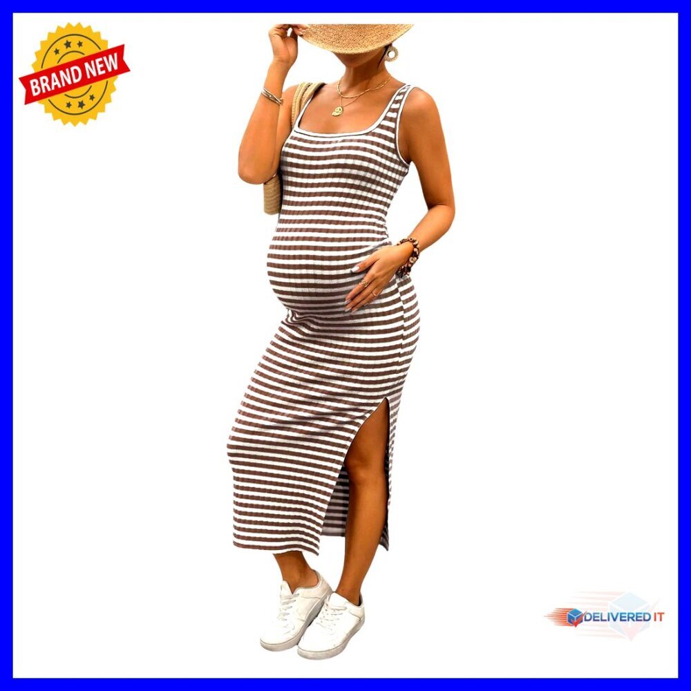 Maternity Dress Striped Sleeveless Ribbed Square Neck High Slit Long Tank